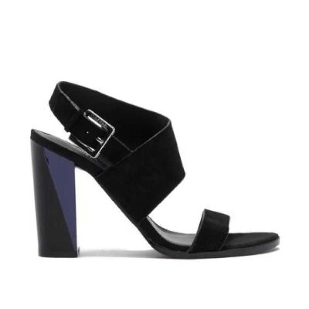 Calvin Klein Womens Black Suede Open Toe Leather Block Heel Sandals Sz 8.5 New
